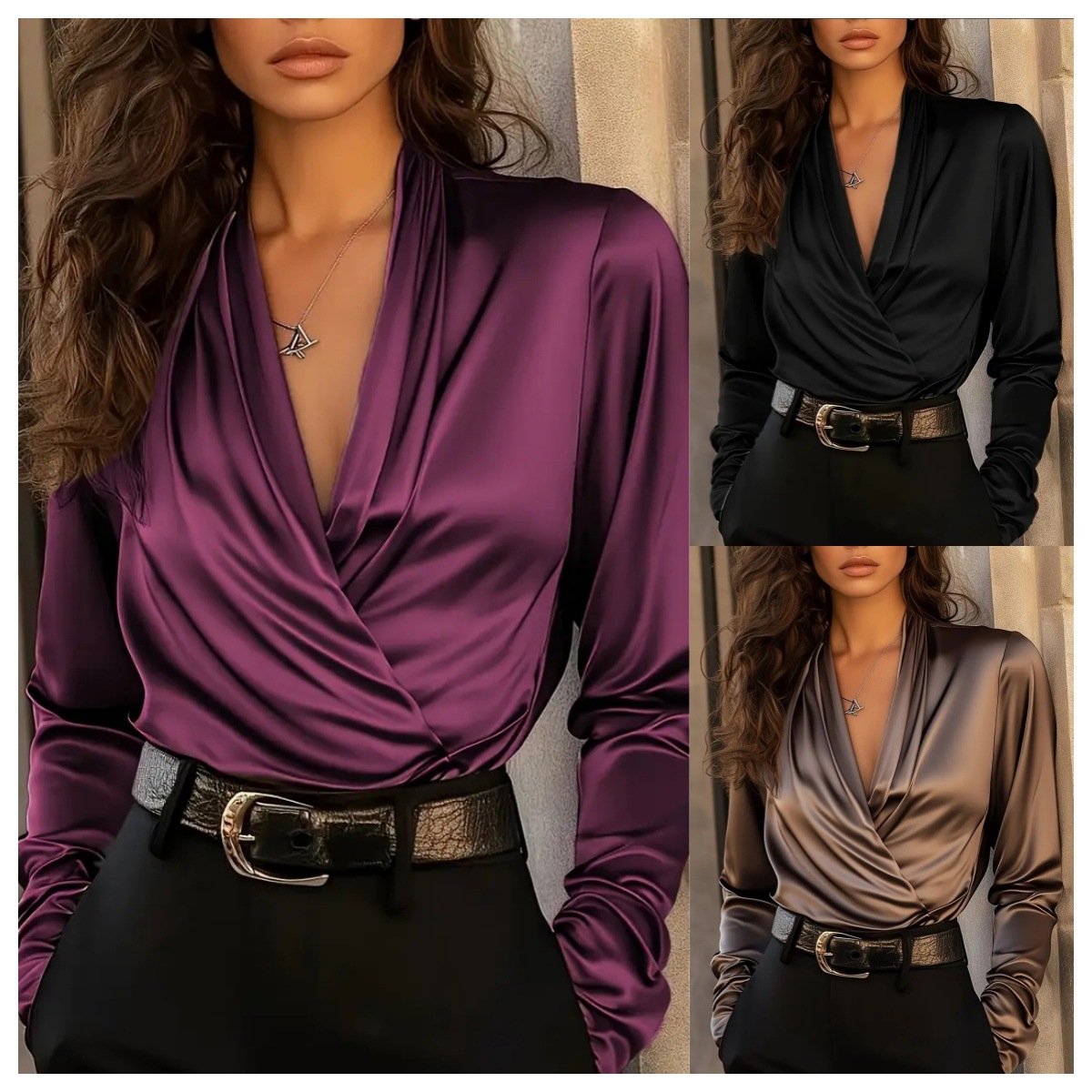 Women Formal Office Wear Tops - Damska satynowa bluzka z dekoltem w