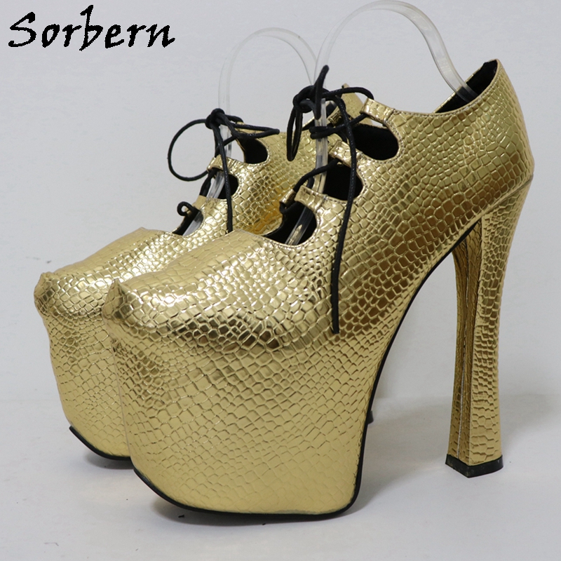 Pump Heel Block - Sorbern Złote Krokodylki 20Cm Czółenka Unisex