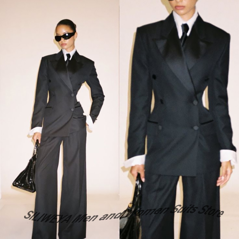 Women Formal Wear Shirts - Profesjonalny damski czarny dwurzędowy garnitur slim