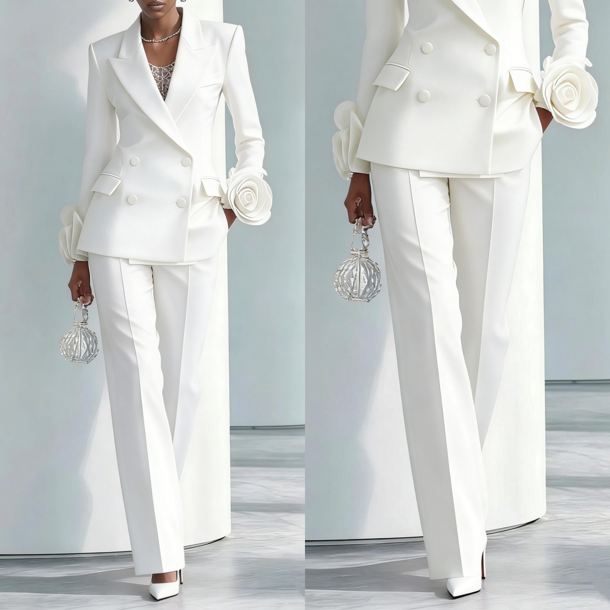 Women Formal Wear For Graduation - Dwuczęściowy damski garnitur z białymi kwiatami,