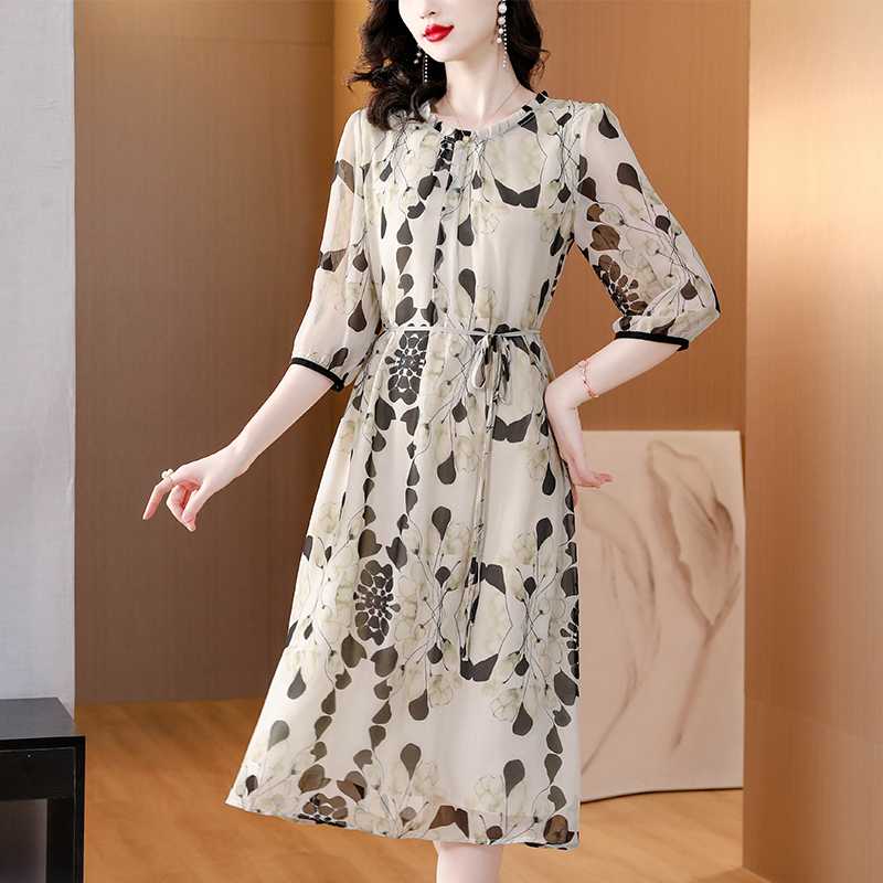 Women Formal Office Wear Tops - Letnia kwiecista biała jedwabna sukienka midi