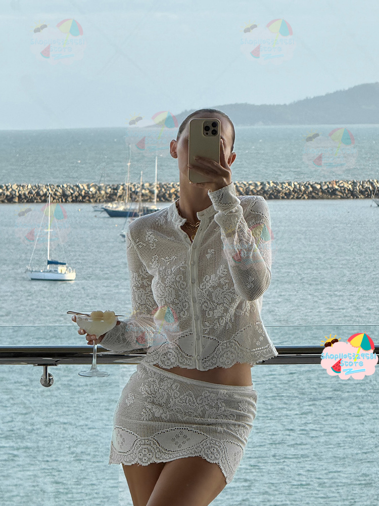 Women'S Holiday Formal Wear - Biały kwiatowy ażurowy komplet szydełkowy dwuczęściowy: