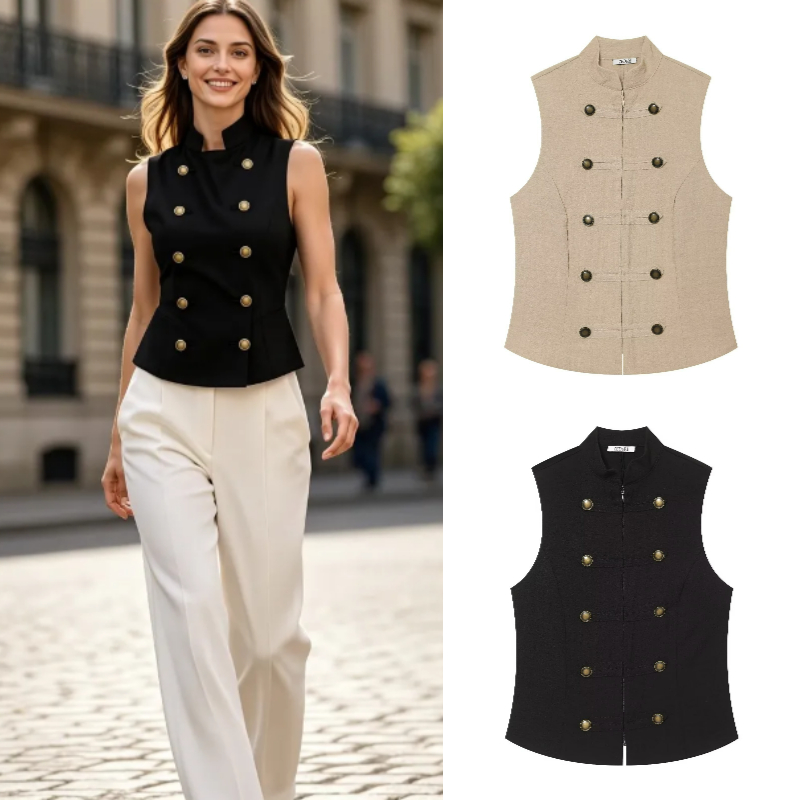 Women Formal Wear Shirts - Damska dopasowana koszula bez rękawów zapinana
