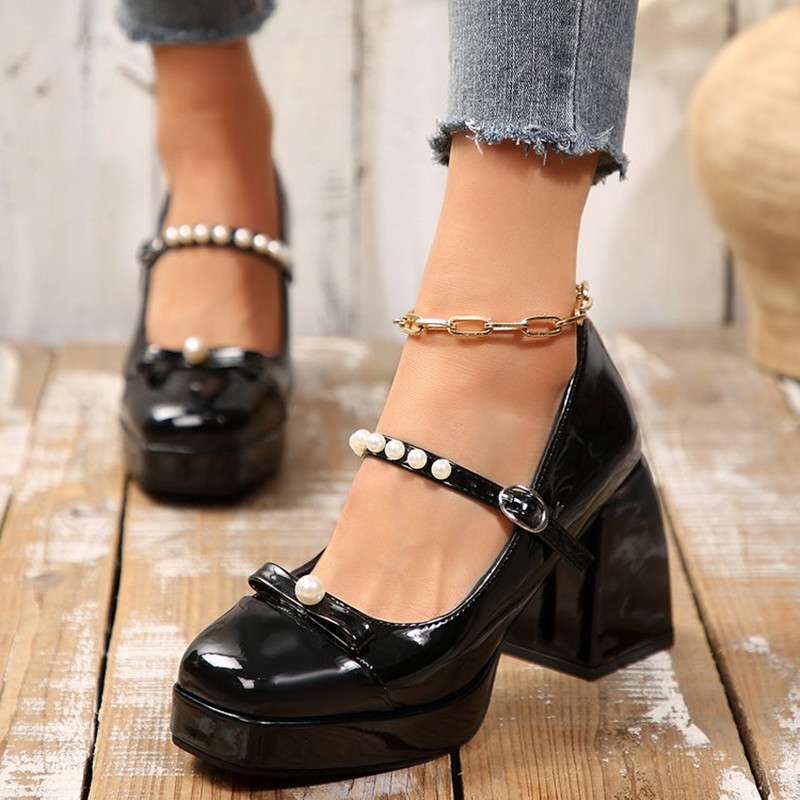 Pump Heel Block - Luksusowe czółenka Mary Jane na słupku,
