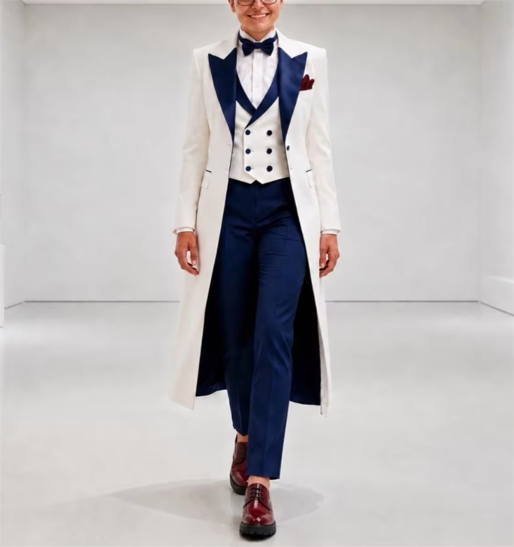 Formal Wear Women Us - Granatowo-biała damska marynarka, elegancki, dopasowany strój